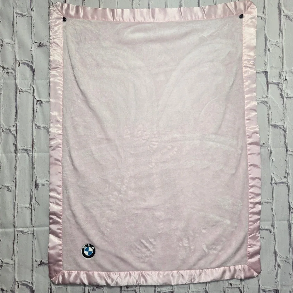 Terrytown BMW Baby Blanket Pink Plush Fleece Satin Trim Embroidered Logo 30x40